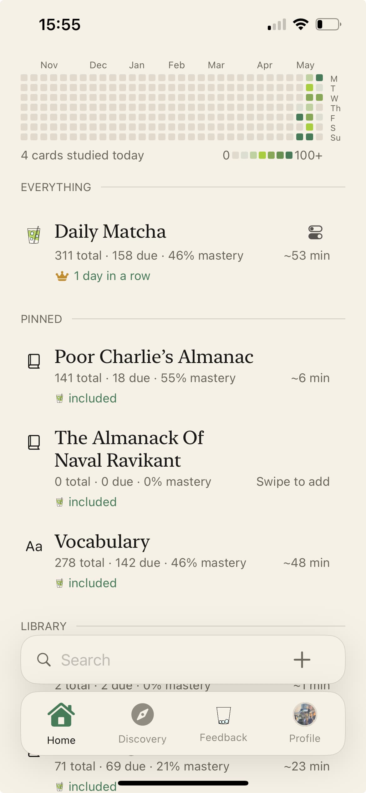 Polymatcha home screen showing study activity and decks